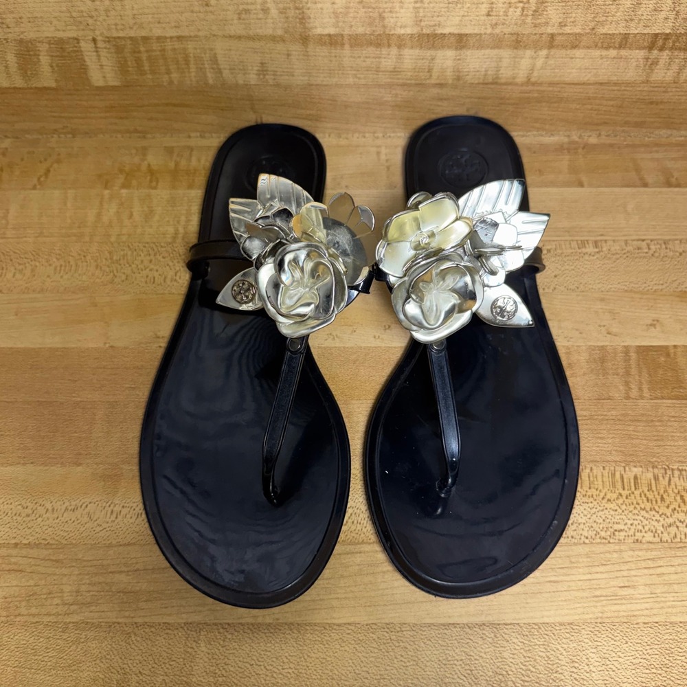Tory Burch Black Jelly Thong Sandals blossom Floral Embellished Flat Shoes 8